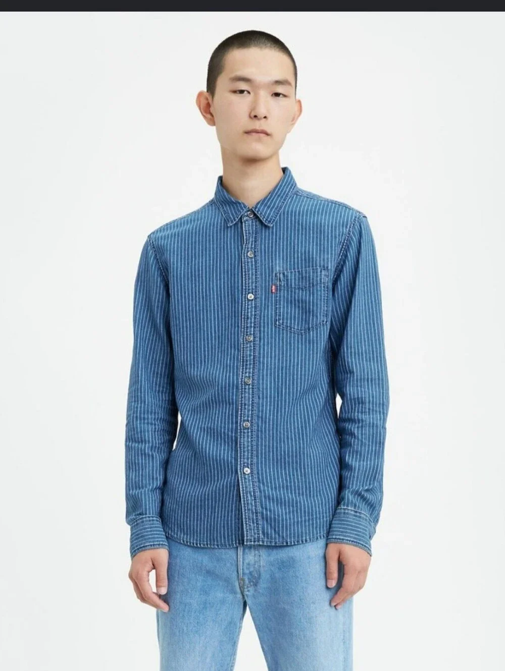 Levi's Blue Stripe  Denim Button-Up Shirt Size Large Slim Fit